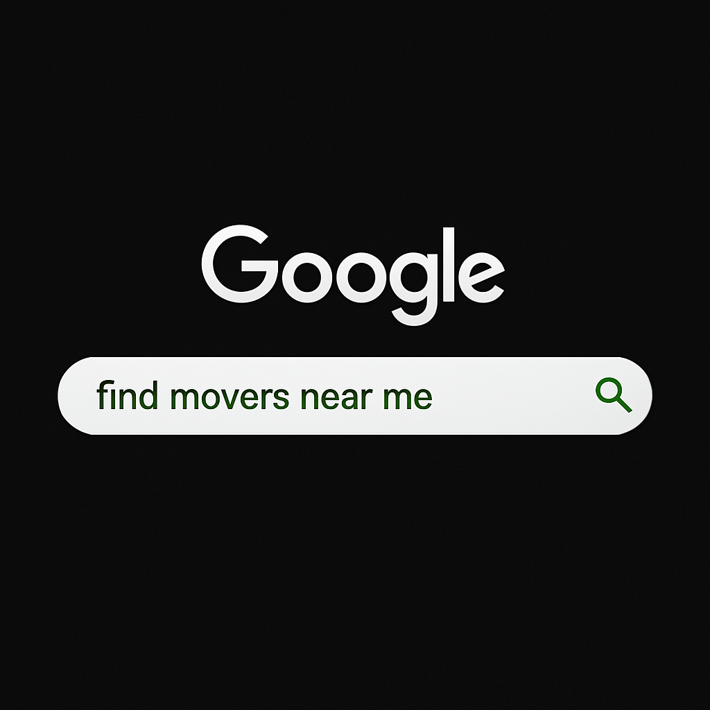 Google search bar displaying the query "find movers near me," emphasizing voice search optimization for moving companies.