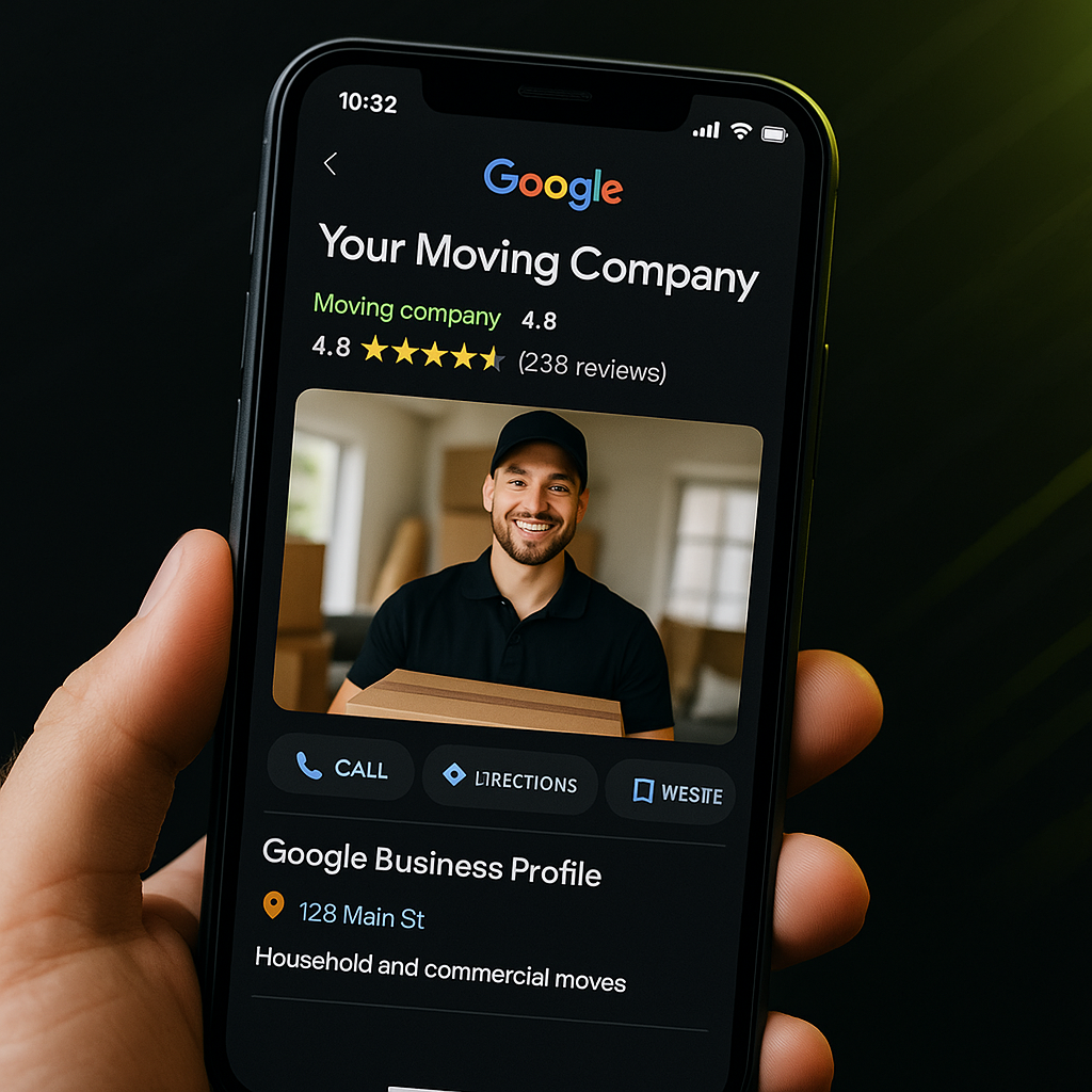 Hand holding smartphone displaying Google Business Profile for a moving company, featuring a smiling employee, 4.8-star rating, and options for call, directions, and website.