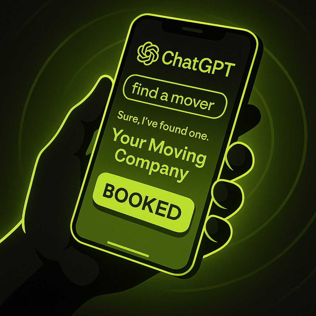 Hand holding smartphone displaying ChatGPT interface with text "find a mover" and confirmation "Your Moving Company BOOKED," illustrating AI-driven booking for moving services.