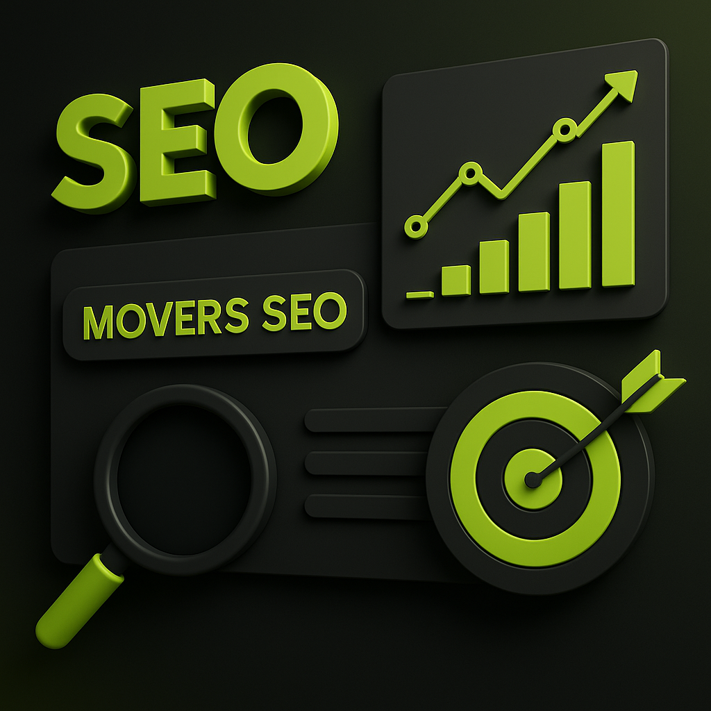 SEO graphic featuring "Movers SEO," an upward trending graph, magnifying glass, and target symbol, emphasizing specialized SEO strategies for moving companies.