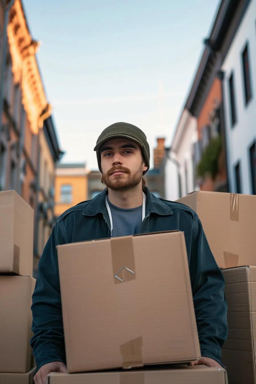 Young man standing among cardboard boxes in an urban setting, representing the moving industry during peak season for relocations.