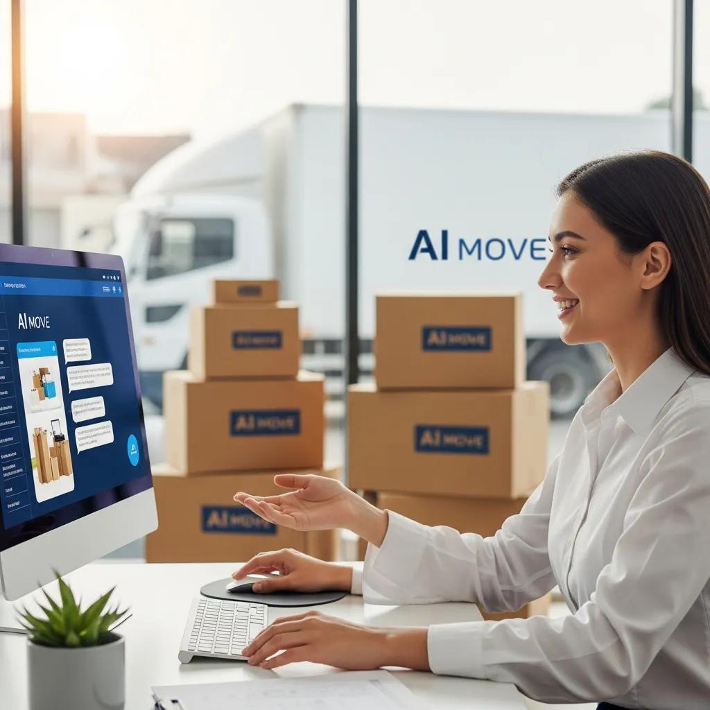 Woman interacting with AI technology on a computer to enhance customer service for moving companies, with boxes and a delivery truck in the background, representing digital marketing and automation in the moving industry.