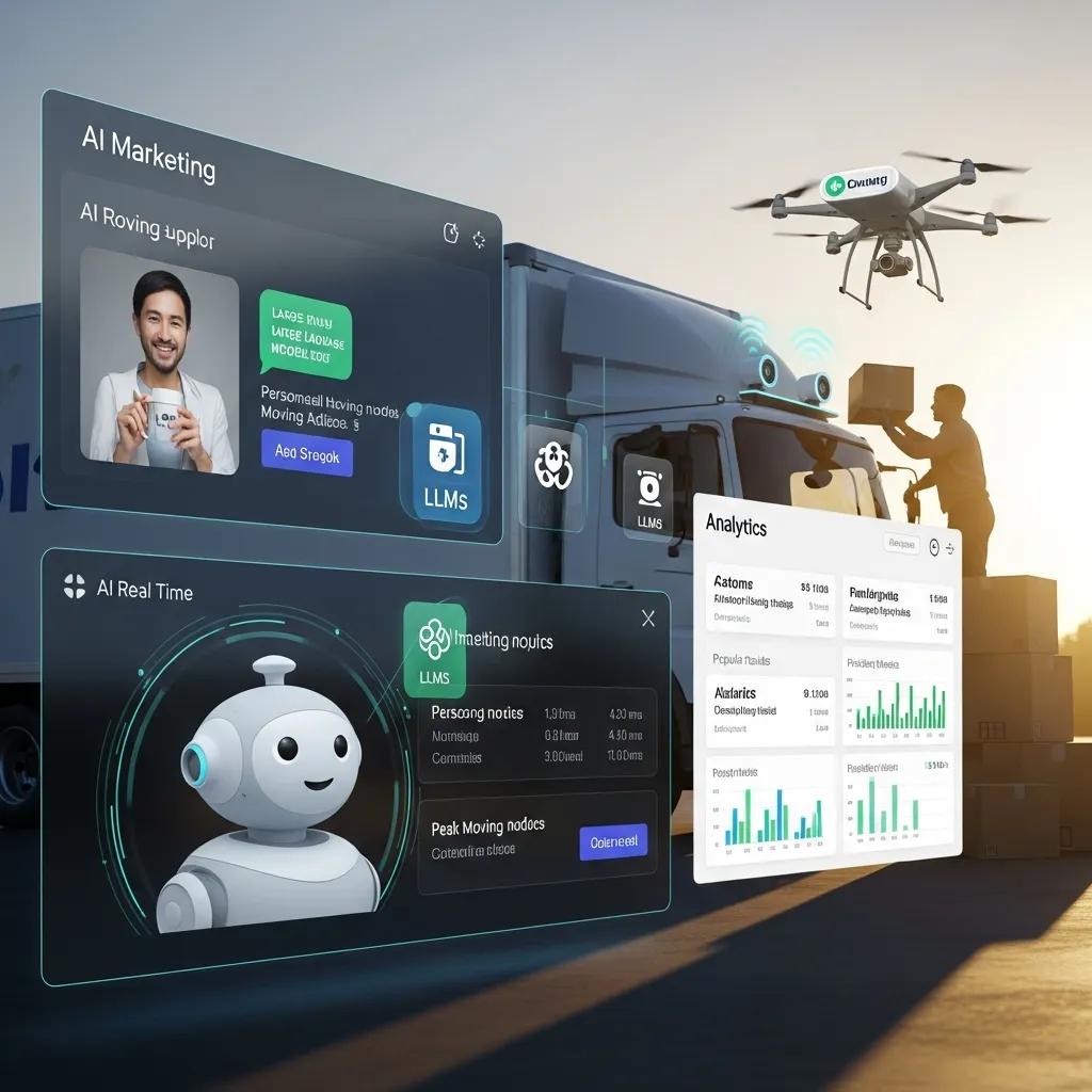 AI-driven marketing tools for moving companies, featuring a drone delivering packages, interactive analytics dashboard, and a friendly robot assistant, illustrating advanced automation and AI optimization in logistics.