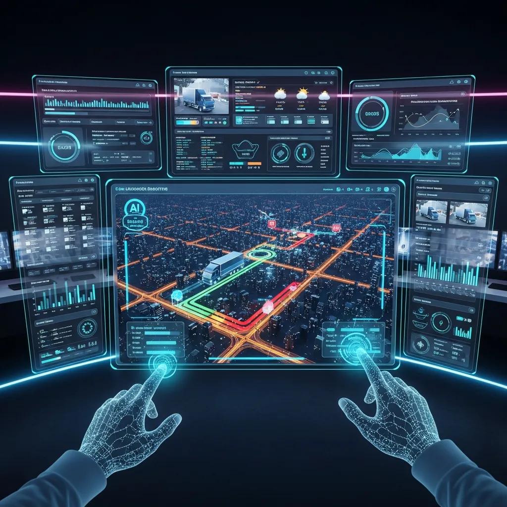 AI truck dispatching interface displaying optimized routes and logistics for moving companies, featuring real-time data analytics, vehicle tracking, and predictive models for efficient scheduling.