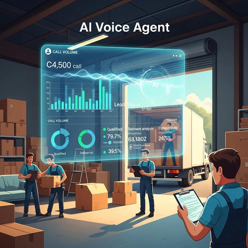 AI voice agent interface displaying call analytics in a moving company setting, featuring metrics like call volume, qualified leads, and conversion rates, with workers analyzing data amidst packed boxes and a moving truck.