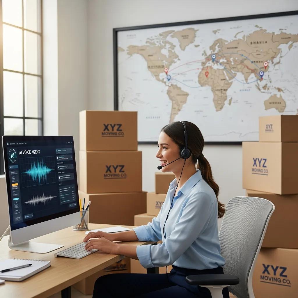Customer service representative using AI voice agent technology in a moving company office, with a world map and moving boxes labeled "XYZ MOVING CO." in the background.