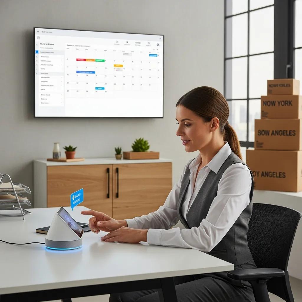Woman interacting with AI voice technology device in a modern office, calendar displayed on the wall, showcasing efficiency and innovation for moving company lead generation.