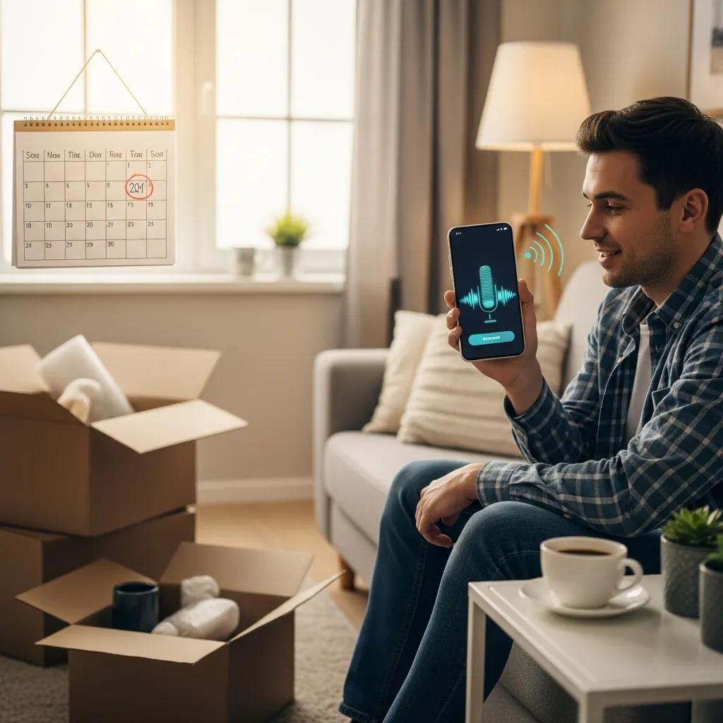 Man using smartphone with AI voice interaction for booking, surrounded by moving boxes and a calendar, illustrating automated customer service for movers.