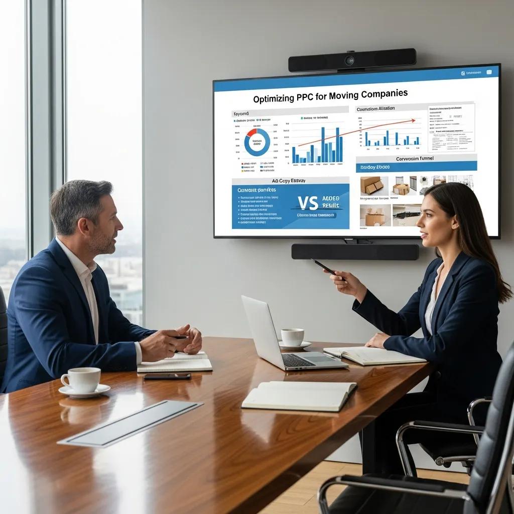 Business owner and digital marketing expert discussing PPC strategies for moving companies in a meeting room, with a presentation on optimizing PPC displayed on a screen, featuring graphs and key points.