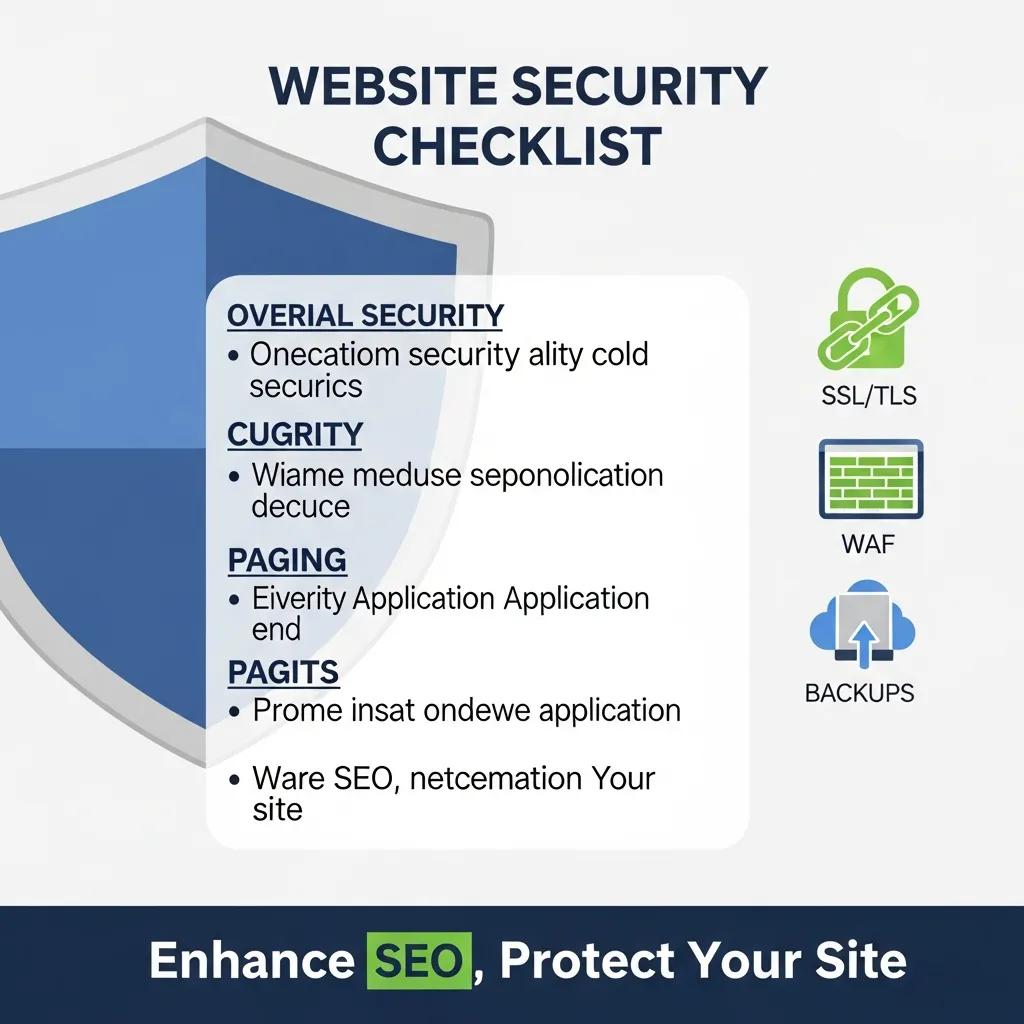 Website security checklist featuring a shield icon, key security practices like SSL/TLS, WAF, and backups, emphasizing the importance of enhancing SEO and protecting your site.