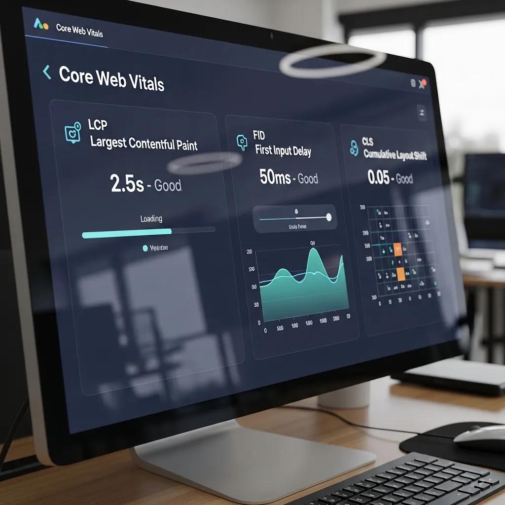 Core Web Vitals metrics displayed on a computer screen, featuring Largest Contentful Paint (LCP) at 2.5s, First Input Delay (FID) at 50ms, and Cumulative Layout Shift (CLS) at 0.05, in a modern office setting.
