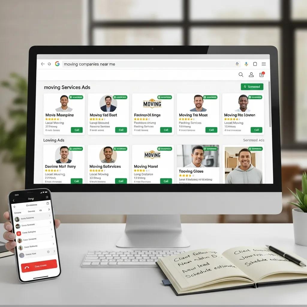 Computer screen displaying Google Local Service Ads for moving companies, featuring various listings with ratings, services, and call options, alongside a smartphone showing a lead management interface, emphasizing local service ads for movers.