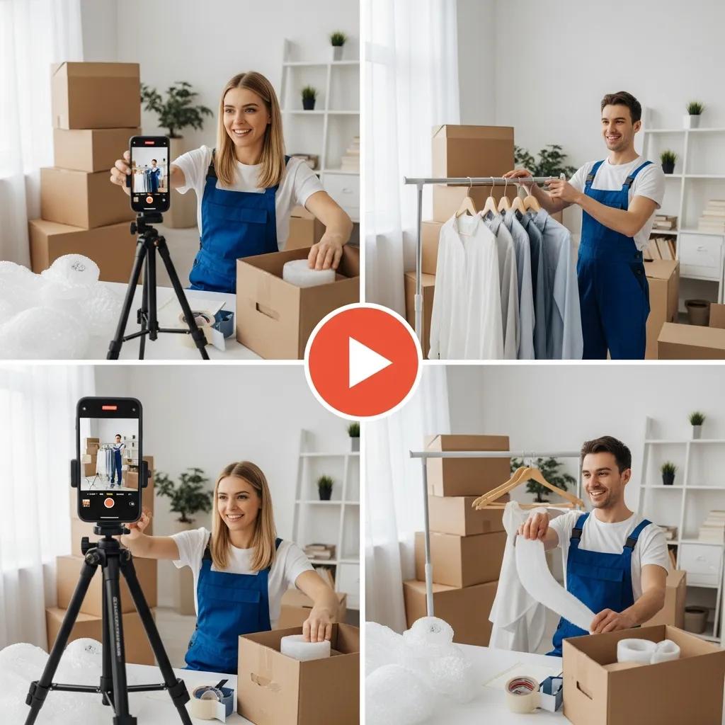 Team filming creative packing transformation for moving companies, showcasing packing techniques and organization in a bright, minimalist setting.