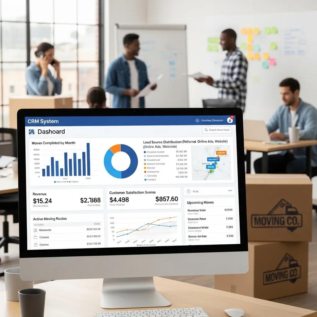 CRM dashboard displaying analytics for moving company operations, including moves completed by month, revenue, customer satisfaction scores, and lead source distribution, with team members collaborating in the background.