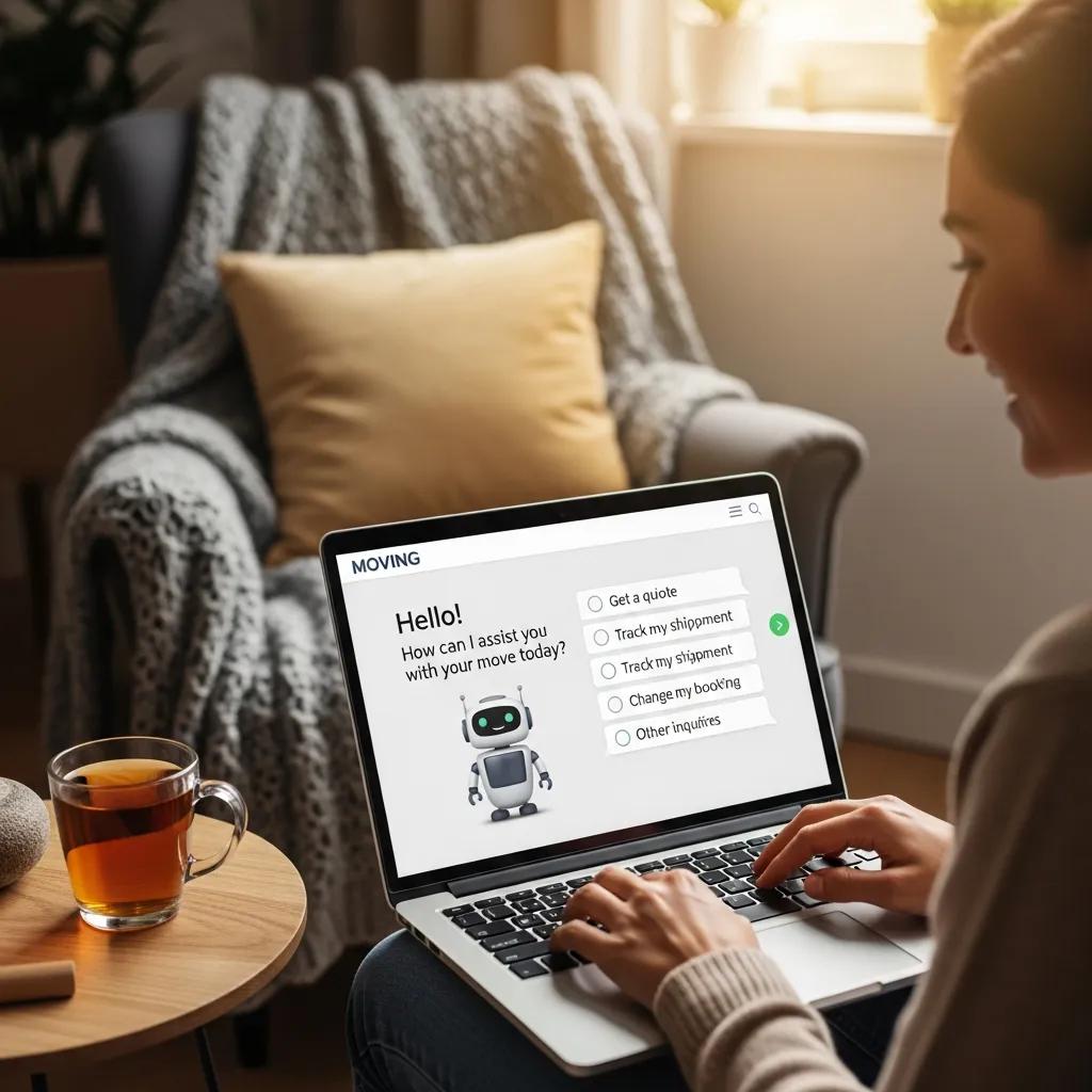 Person engaging with an AI chatbot on a moving company website, featuring options for quotes and tracking shipments, enhancing customer service and lead generation.