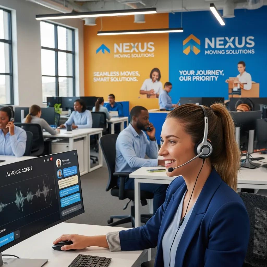 Customer service representative using AI voice agent technology in a modern moving company office, with "NEXUS MOVING SOLUTIONS" branding and team members engaged in customer interactions.
