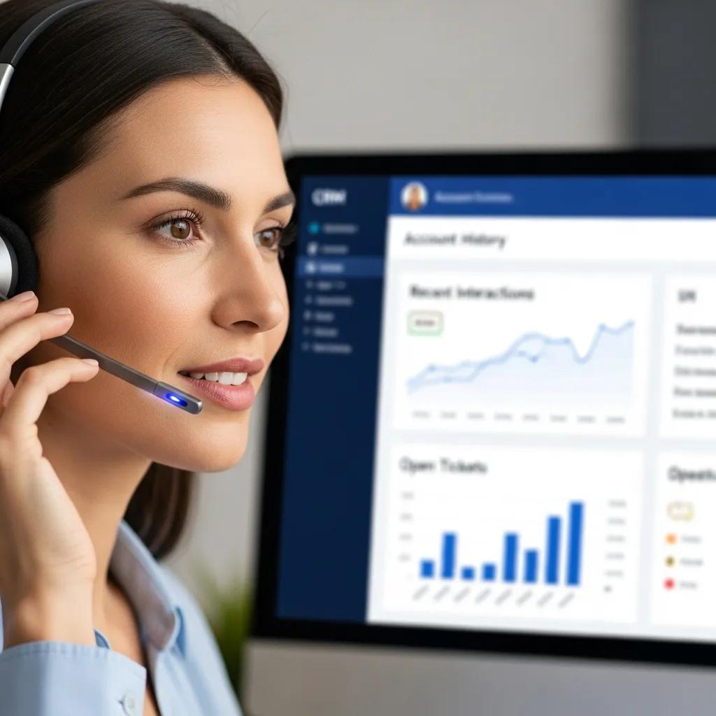 Customer service representative using AI voice technology with headset, engaging in automated support while monitoring CRM analytics on computer screen.