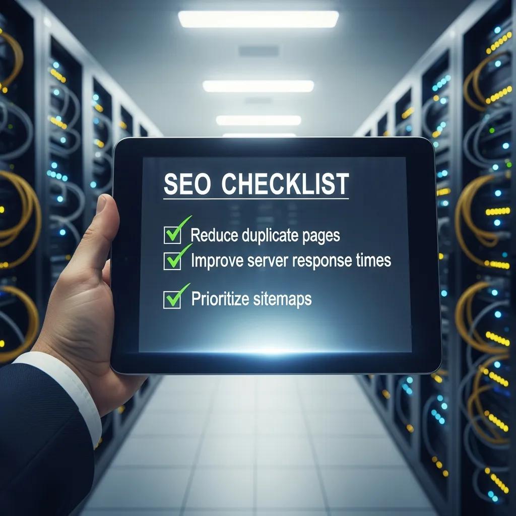 SEO checklist on tablet in server room highlighting actions to reduce duplicate pages, improve server response times, and prioritize sitemaps for effective crawl budget management.