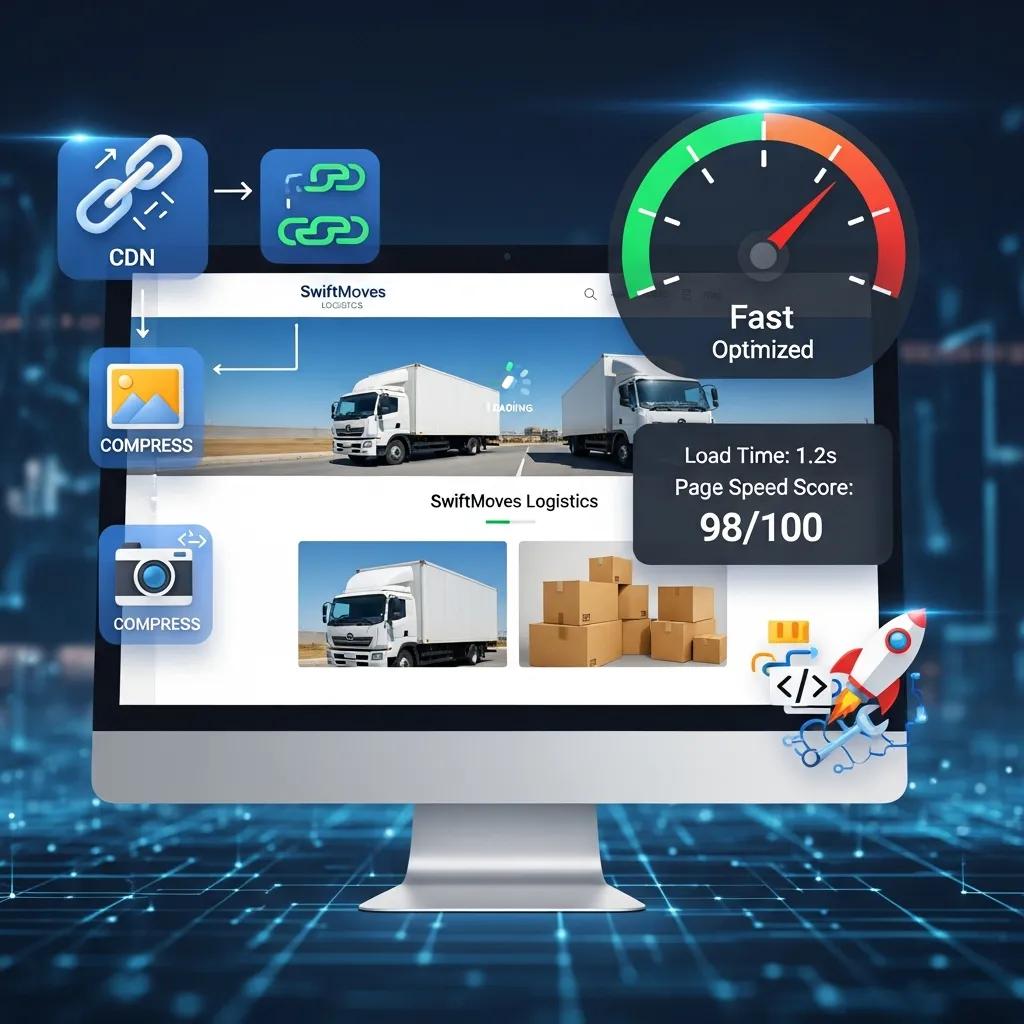 Digital concept of website speed optimization featuring a computer screen displaying SwiftMoves Logistics website, showcasing fast loading metrics, compression icons for images, and a speedometer indicating a page speed score of 98/100 and load time of 1.2 seconds.