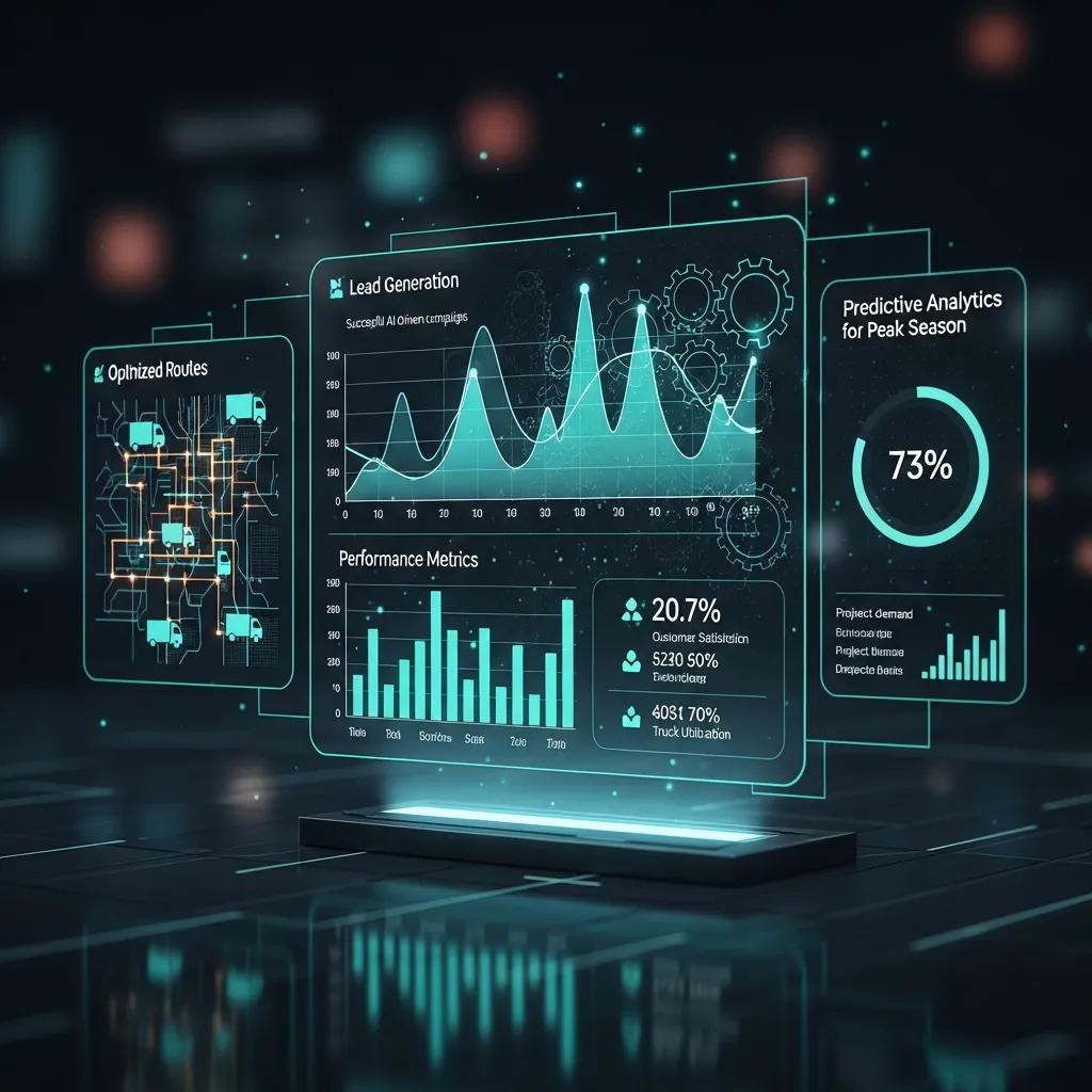 Digital interface displaying AI optimization metrics, including lead generation statistics, performance metrics, and predictive analytics for peak season, relevant to moving companies' local service ads.