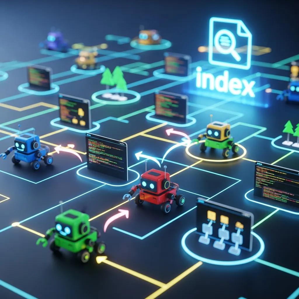 Digital landscape with animated search engine crawlers navigating web pages, highlighting website crawlability and indexing for SEO optimization.