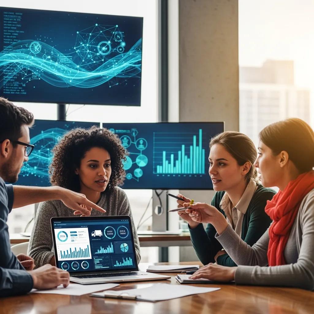 Digital marketing team collaborating on strategies, discussing data analytics displayed on laptop and screens, focused on enhancing operations for moving companies.