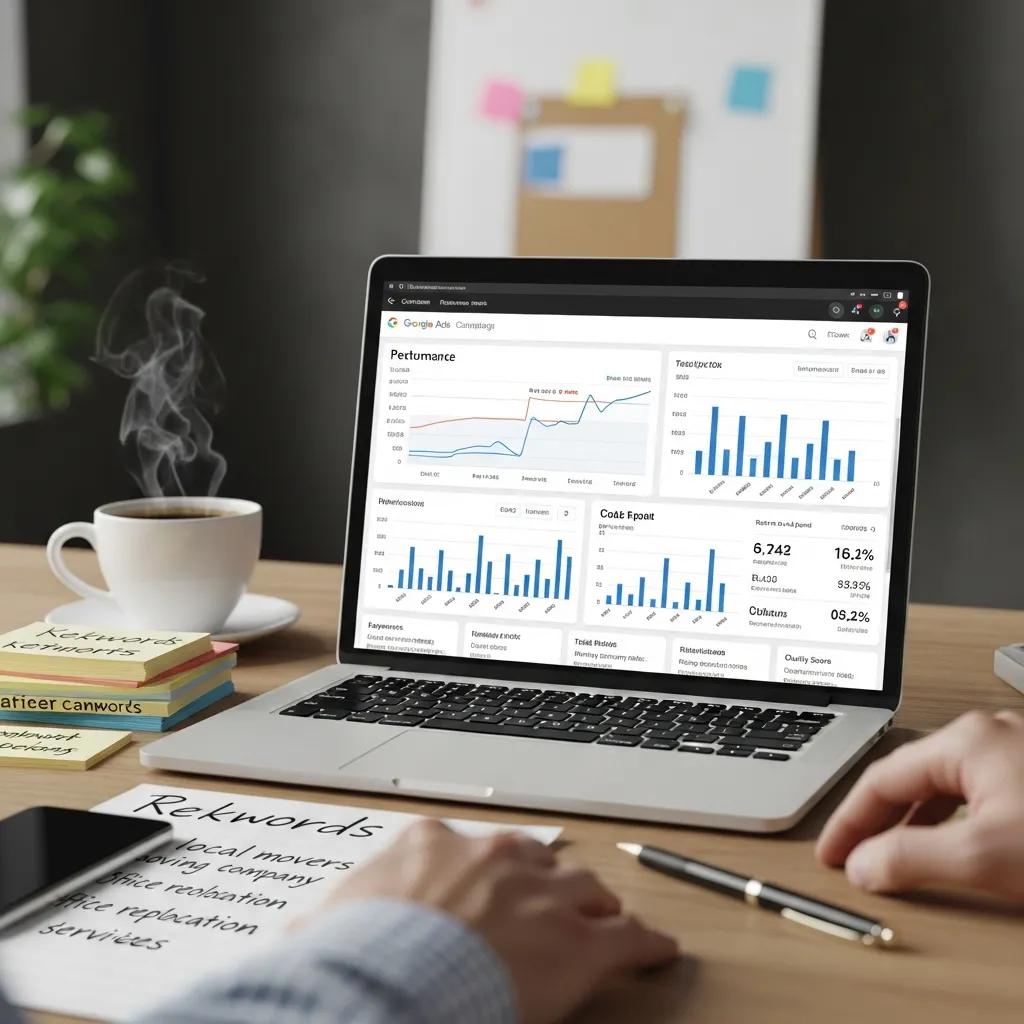 Digital marketing workspace featuring a laptop displaying Google Ads campaign performance metrics and analytics, with a coffee cup and notepads labeled with keywords for moving companies, emphasizing PPC strategies and conversion tracking.