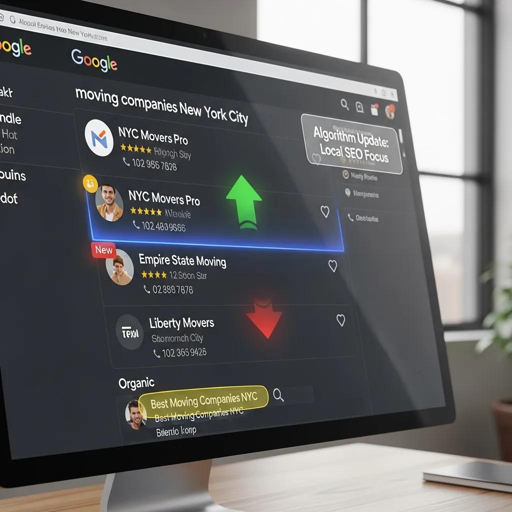 Digital representation of a Google search results page displaying local moving companies in New York City, highlighting algorithm updates and local SEO focus, featuring listings for NYC Movers Pro, Empire State Moving, and Liberty Movers.