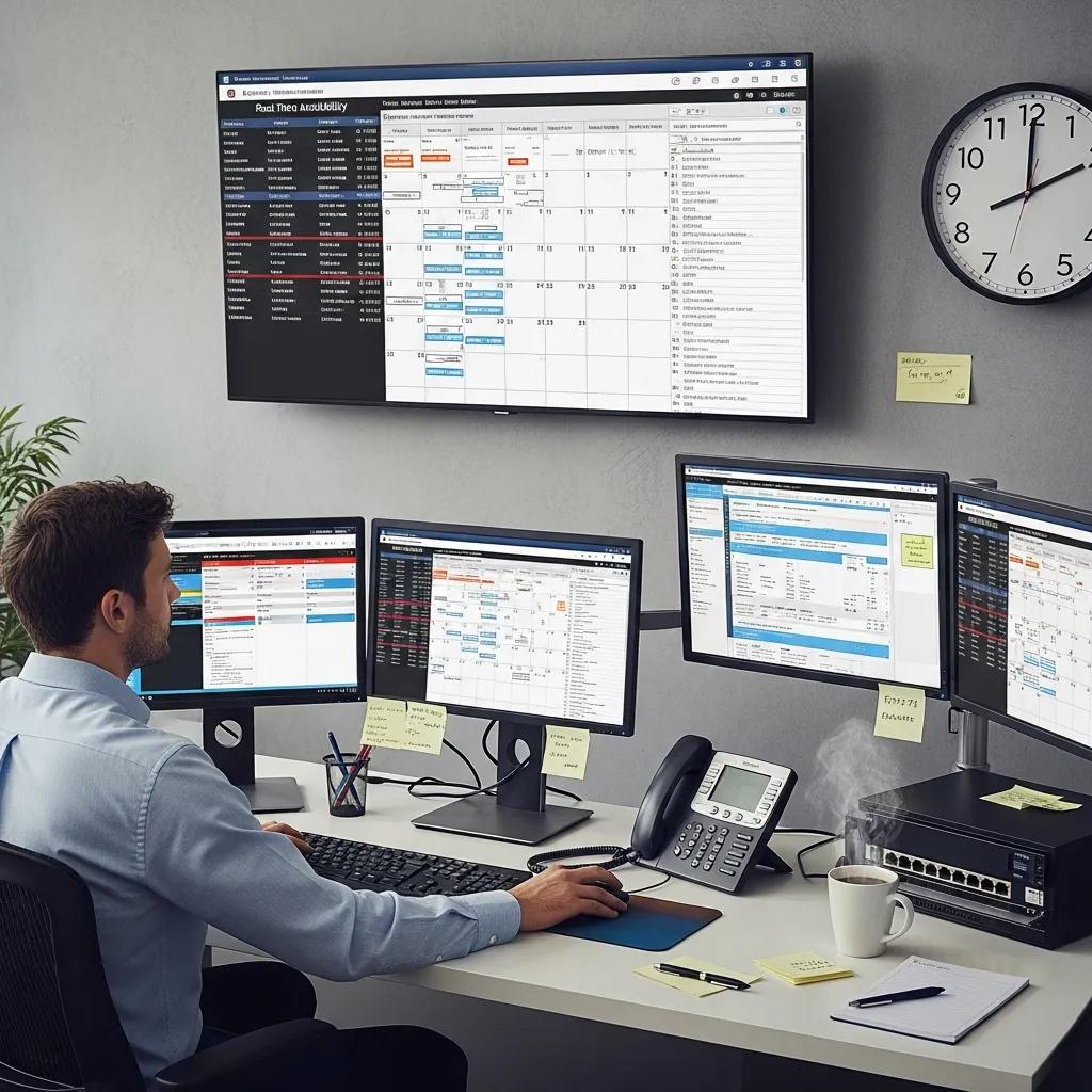 Dispatcher using scheduling software to manage fleet and crew availability in a modern office setting with multiple monitors displaying real-time data and schedules.