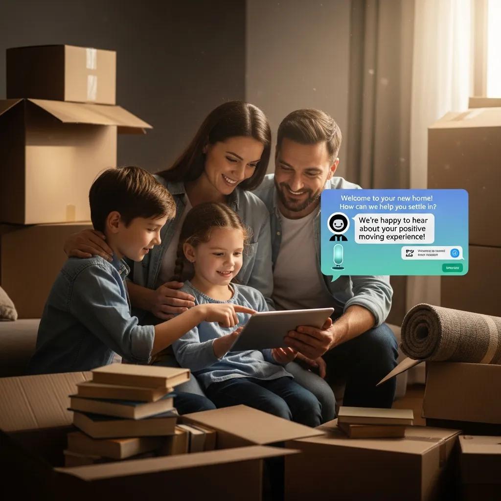 Family interacting with AI voice agent on a tablet in their new home, surrounded by moving boxes, illustrating enhanced customer service experience in the moving industry.