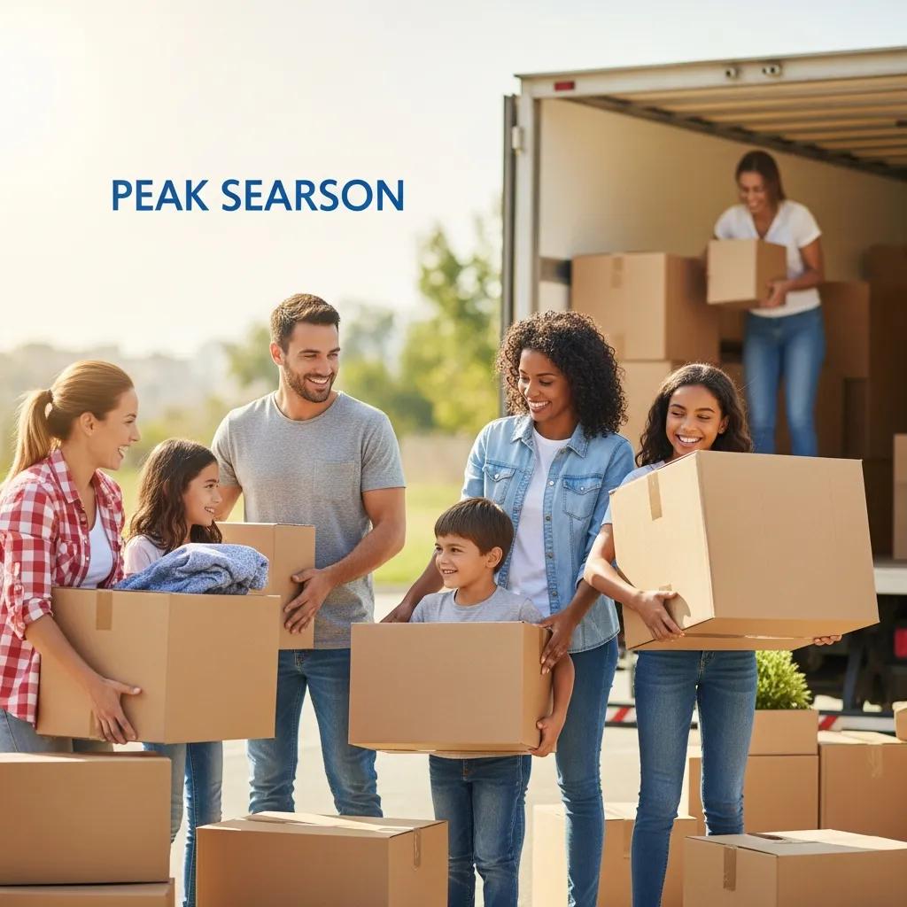 Family packing boxes for a summer move, emphasizing peak season moving activity, with text overlay "PEAK SEASON."
