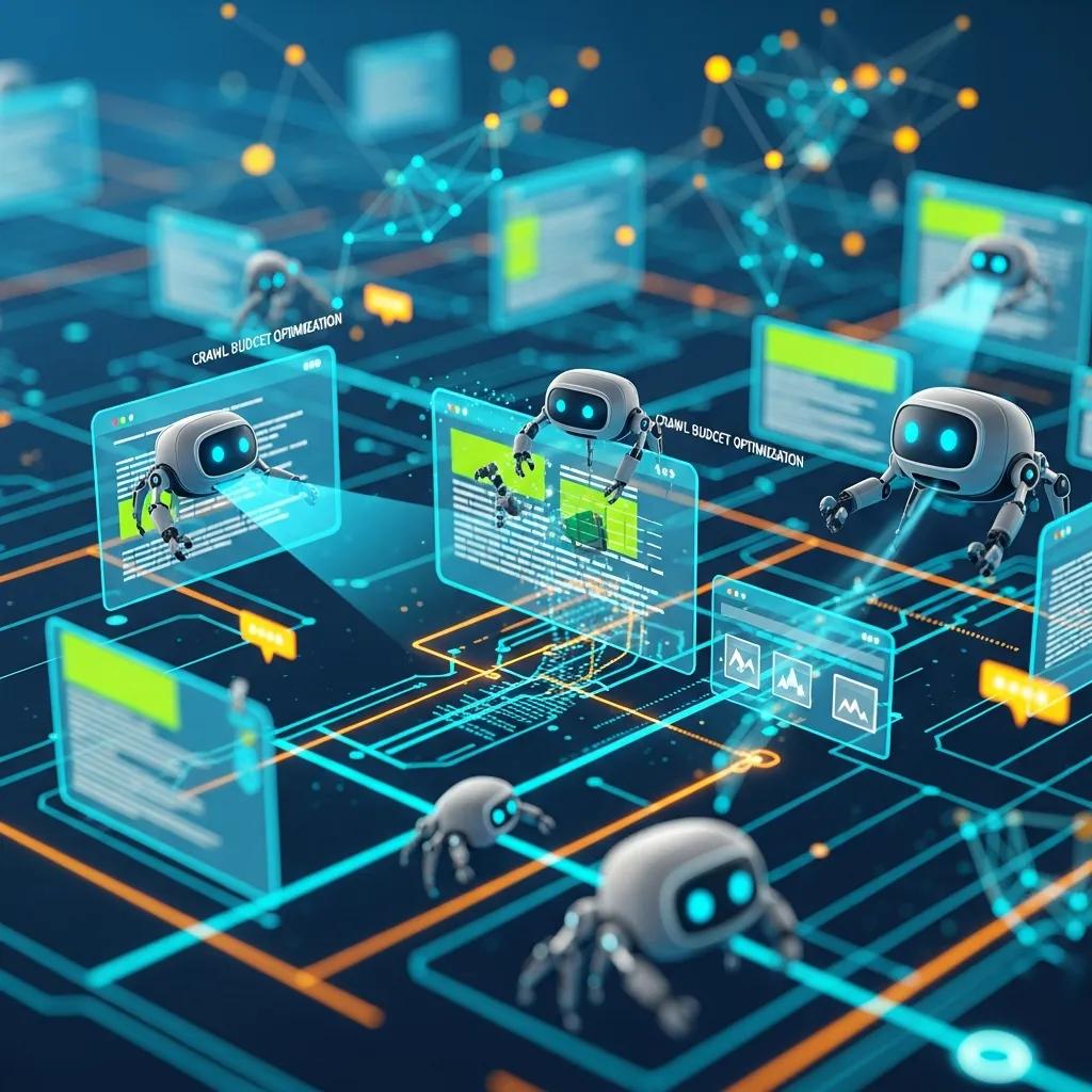 Friendly search engine crawlers navigating a digital landscape, symbolizing crawl budget optimization and indexing for SEO strategies.