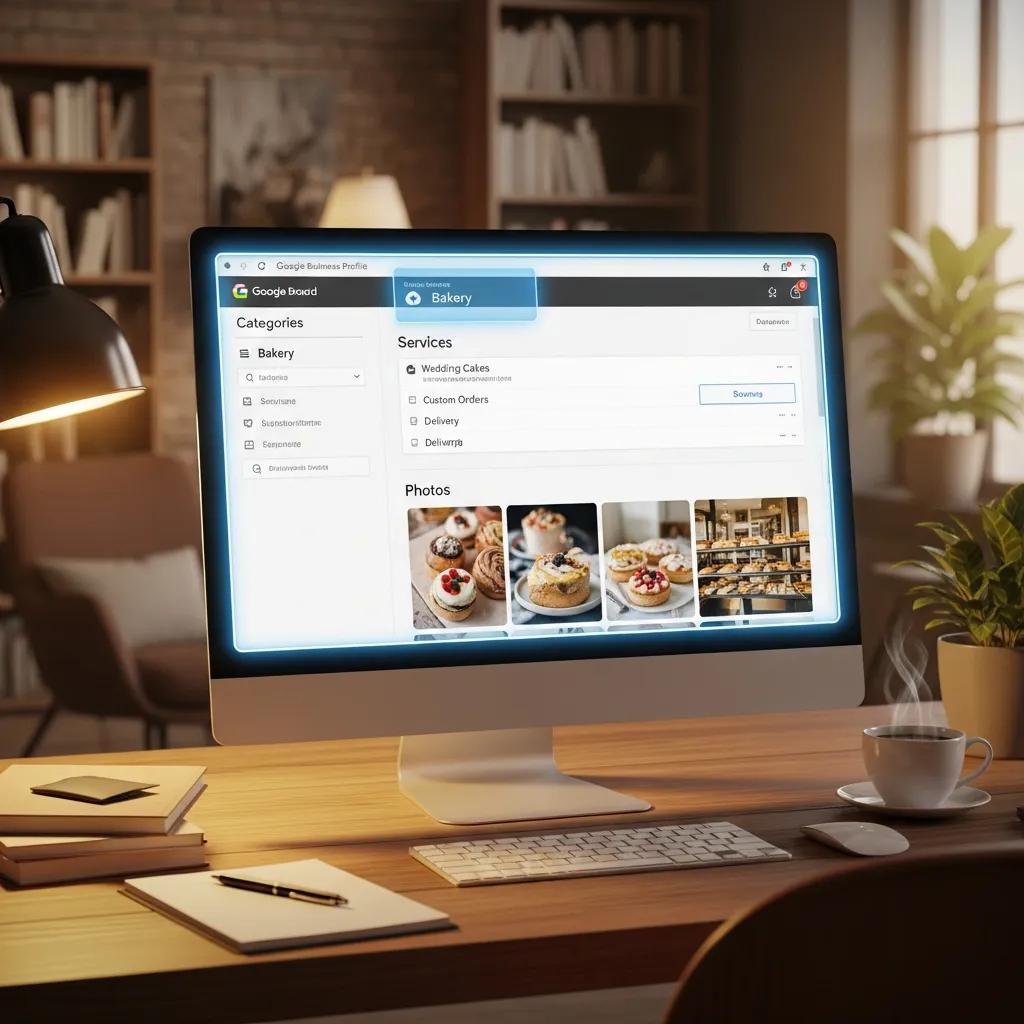 Computer screen displaying a Google Business Profile dashboard for a bakery, featuring categories, services like wedding cakes and delivery, and photos of baked goods, set in a cozy workspace with a coffee cup and notepad.