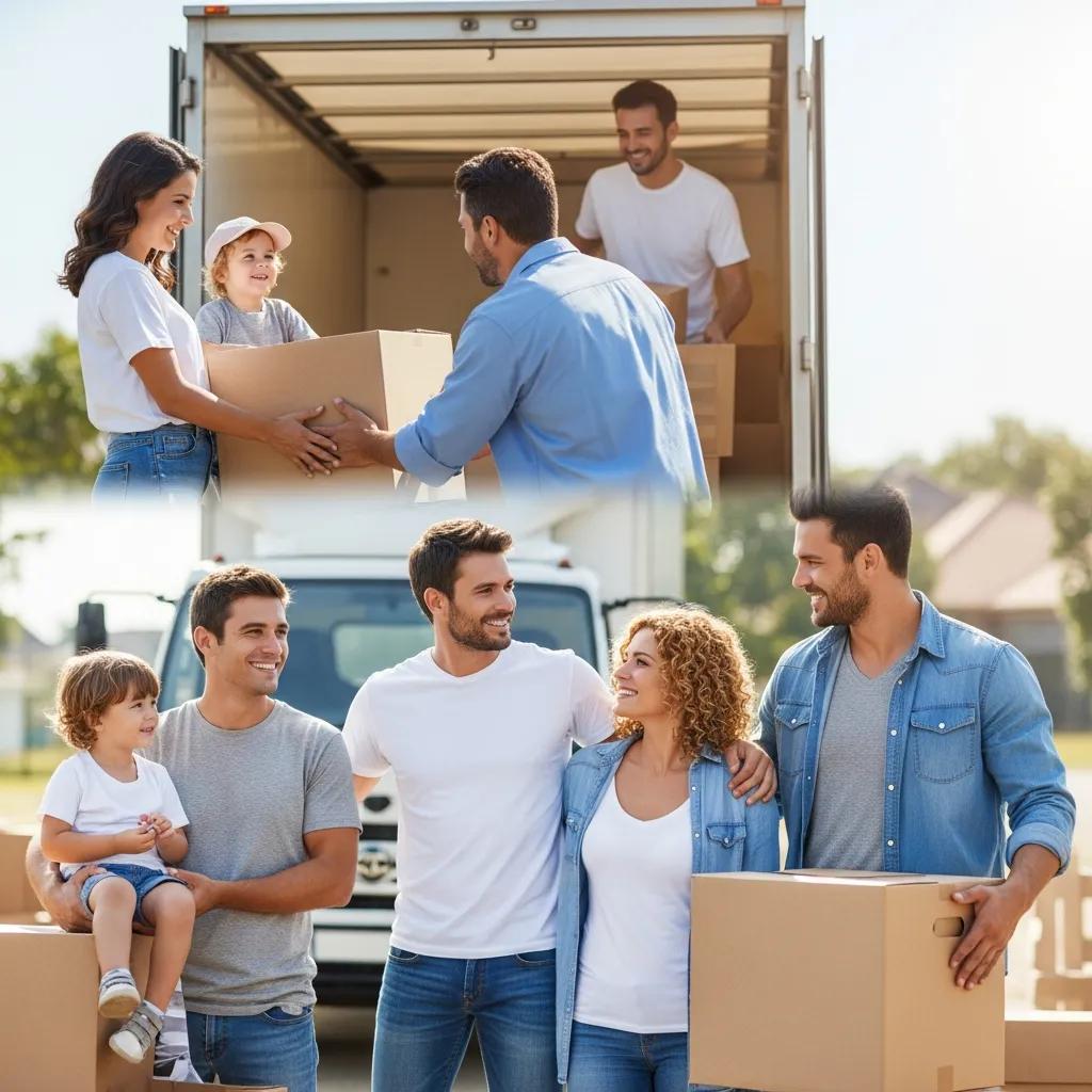 Happy family engaging with professional movers, showcasing trust and satisfaction in the moving process, surrounded by moving boxes and a truck.