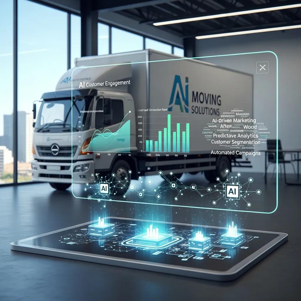 AI-powered marketing analytics dashboard with graphs and data visualization, featuring a moving truck labeled "AI MOVING SOLUTIONS" in a modern office setting, illustrating digital marketing strategies for moving companies.