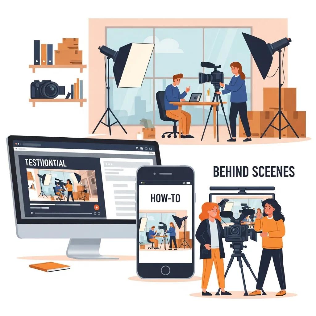 Illustration depicting video marketing strategies for moving companies, featuring a studio setup with a man at a desk, a woman with a camera, and screens displaying "Testimonial" and "How-To" video content, highlighting behind-the-scenes production elements.