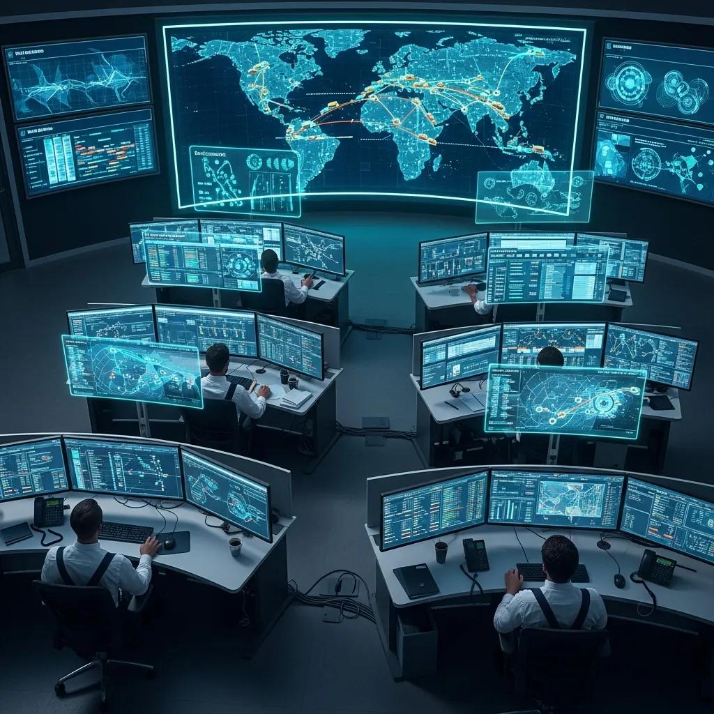 Control room with multiple operators analyzing data on high-tech screens, showcasing AI-driven logistics and operational efficiencies in real-time.