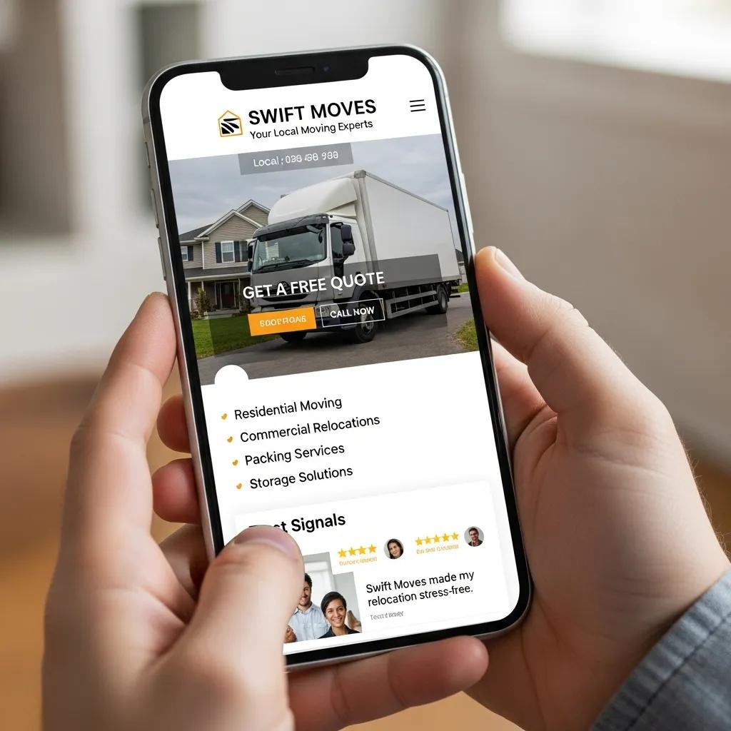 Mobile phone displaying a local landing page for Swift Moves, featuring a moving truck, clear call-to-action buttons for quotes and calls, and service offerings like residential moving and packing services.