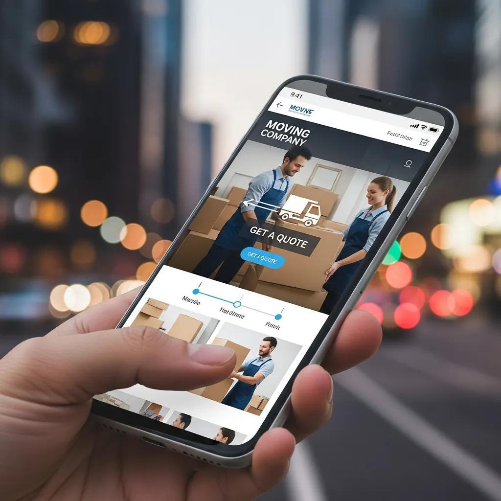 Mobile phone displaying a moving company website with a quote request feature, featuring a man and woman interacting over moving boxes, set against a blurred urban background.