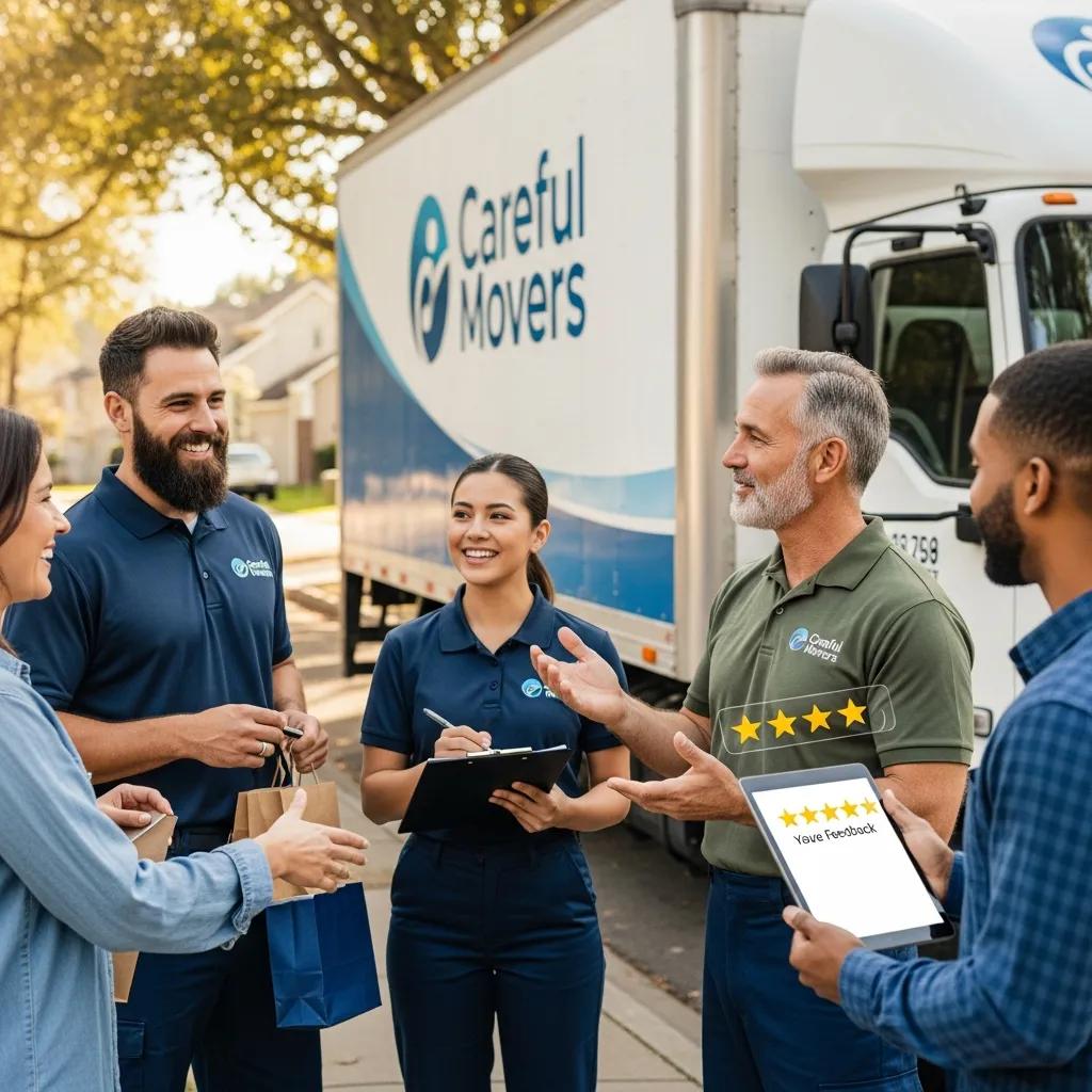 Movers from Careful Movers interacting with customers to gather feedback, emphasizing local SEO strategies and authority building for moving companies.