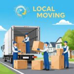 Movers packing and loading boxes into a truck, representing local moving services and SEO optimization strategies for moving companies.
