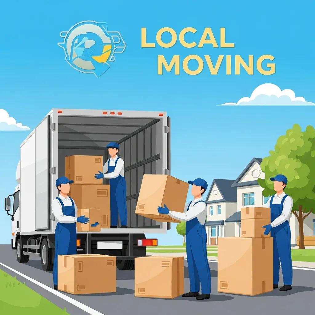Local moving services with workers packing boxes into a truck, emphasizing logistics and efficiency in the moving industry.