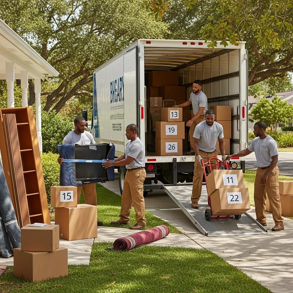 Moving company team efficiently packing items into a truck, illustrating effective logistics and organization for enhancing SEO strategies in the moving industry.