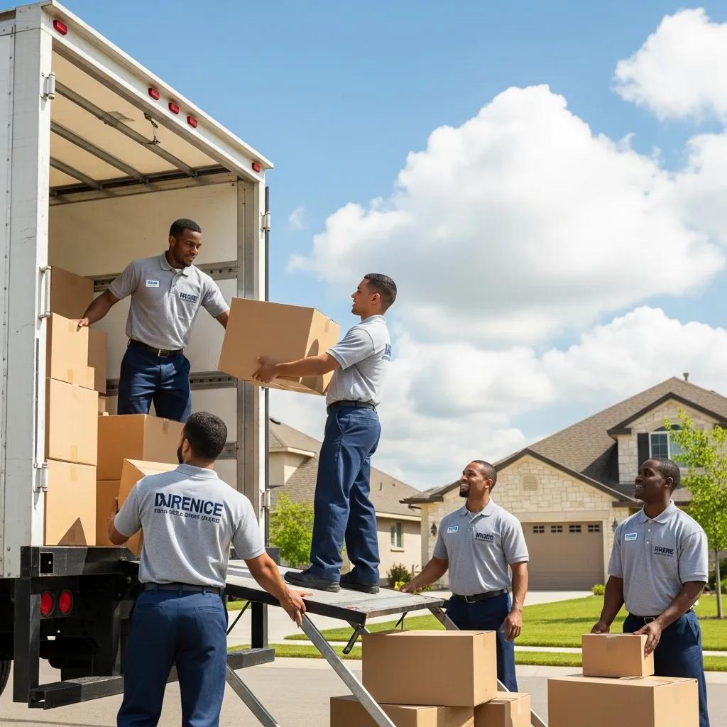 Moving company team loading boxes into a truck in a suburban neighborhood, showcasing efficient packing and teamwork for local service ads.
