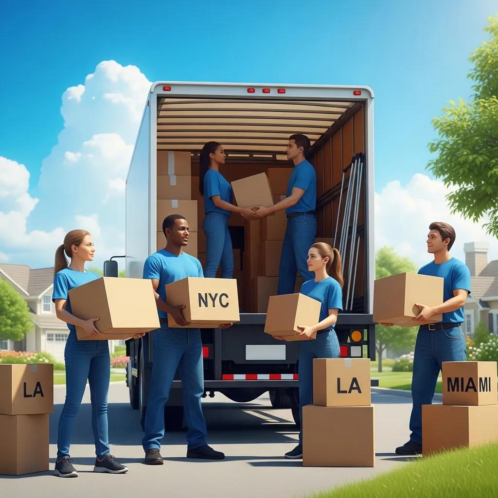 Moving company team loading boxes labeled with NYC, LA, and Miami into a truck, representing predictive analytics and AI-driven lead generation.