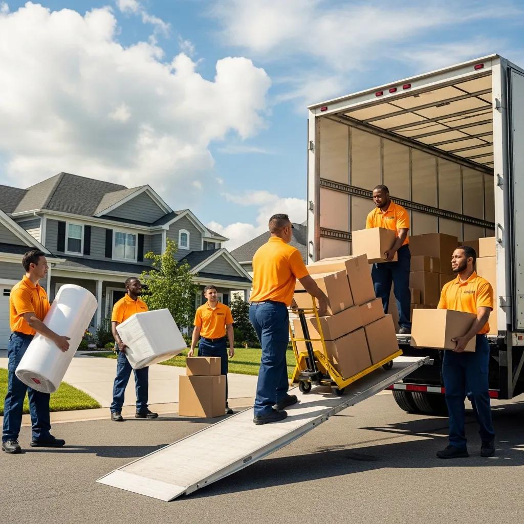 Moving company team packing and loading boxes into a truck, showcasing professionalism and local service, with a residential neighborhood in the background.
