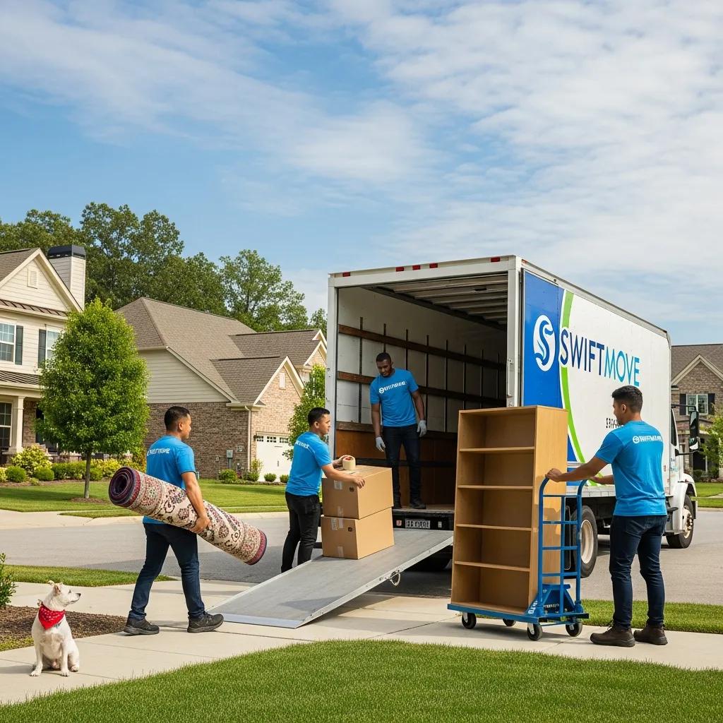 Moving company team packing furniture and rugs into a truck in a suburban neighborhood, showcasing local moving services.