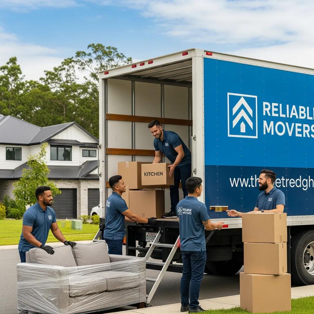 Moving company team packing furniture and boxes labeled "Kitchen" into a truck in a suburban neighborhood, showcasing professional movers in action.