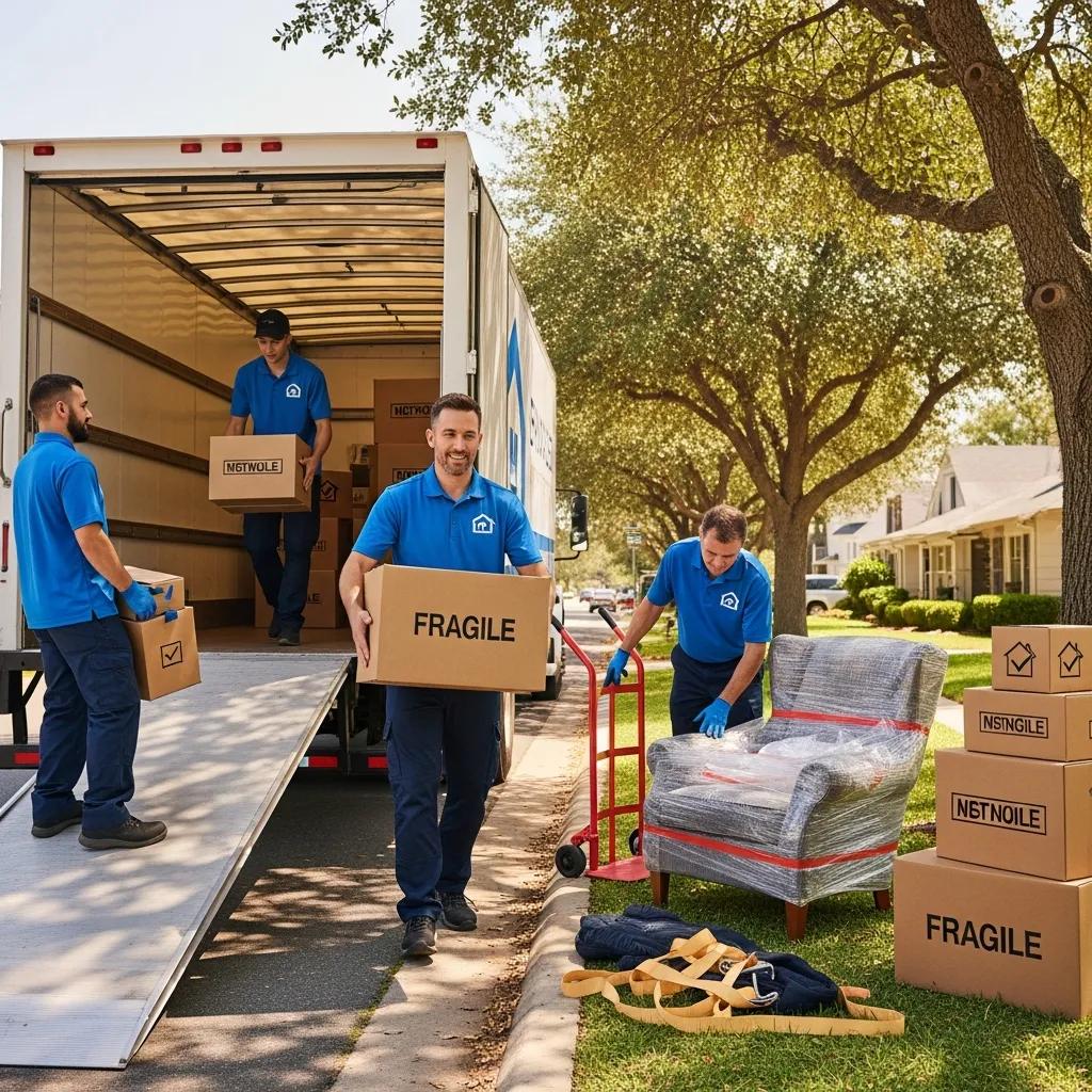 Moving company team packing fragile items into a truck, showcasing trust and reliability in moving services, with a focus on efficient logistics and customer care.