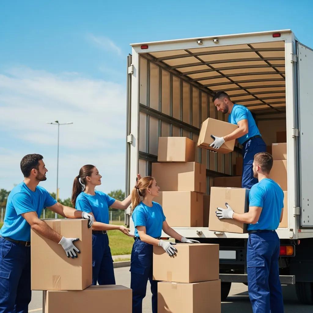 Moving company team efficiently packing boxes into a truck, showcasing professionalism and teamwork in the moving process.